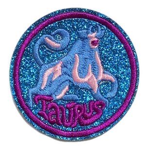 Glitter Embroidered Round Taurus Zodiac Iron On Patch Blue Pink Purple